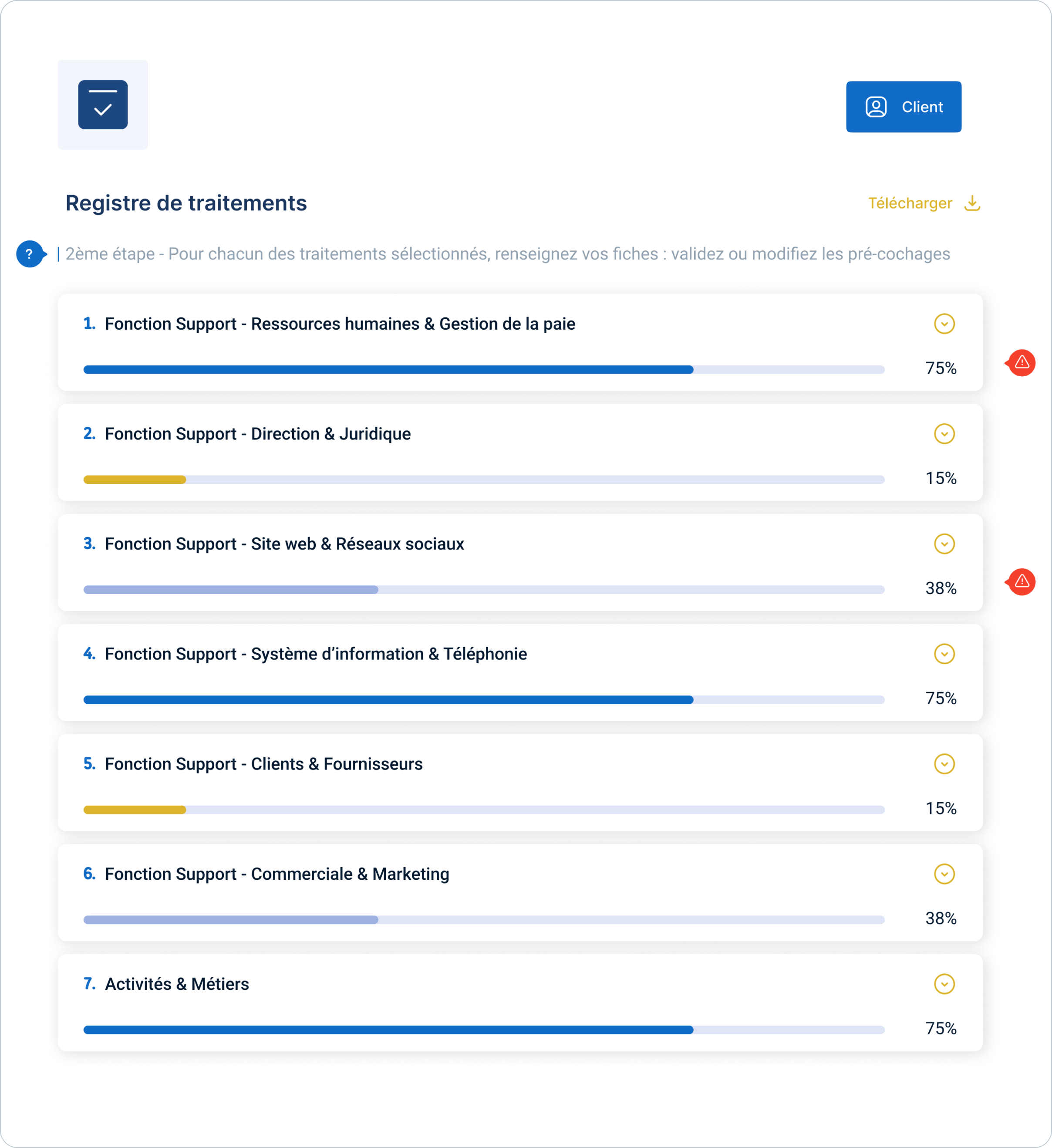 Capture d'ecran de la page Registre de traitements de RGPD Pilot