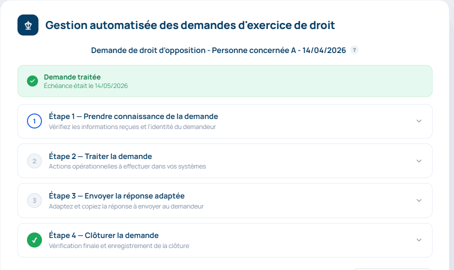 Capture d'ecran de la page Registre des demandes d'exercice de droit de RGPD Pilot