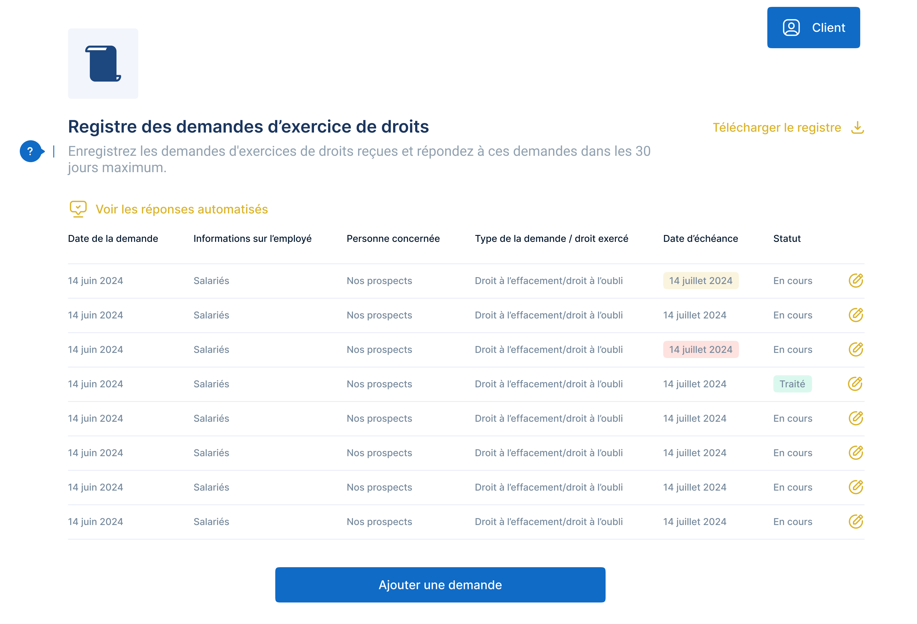Capture d'ecran de la page Registre des demandes d'exercice de droit de RGPD Pilot